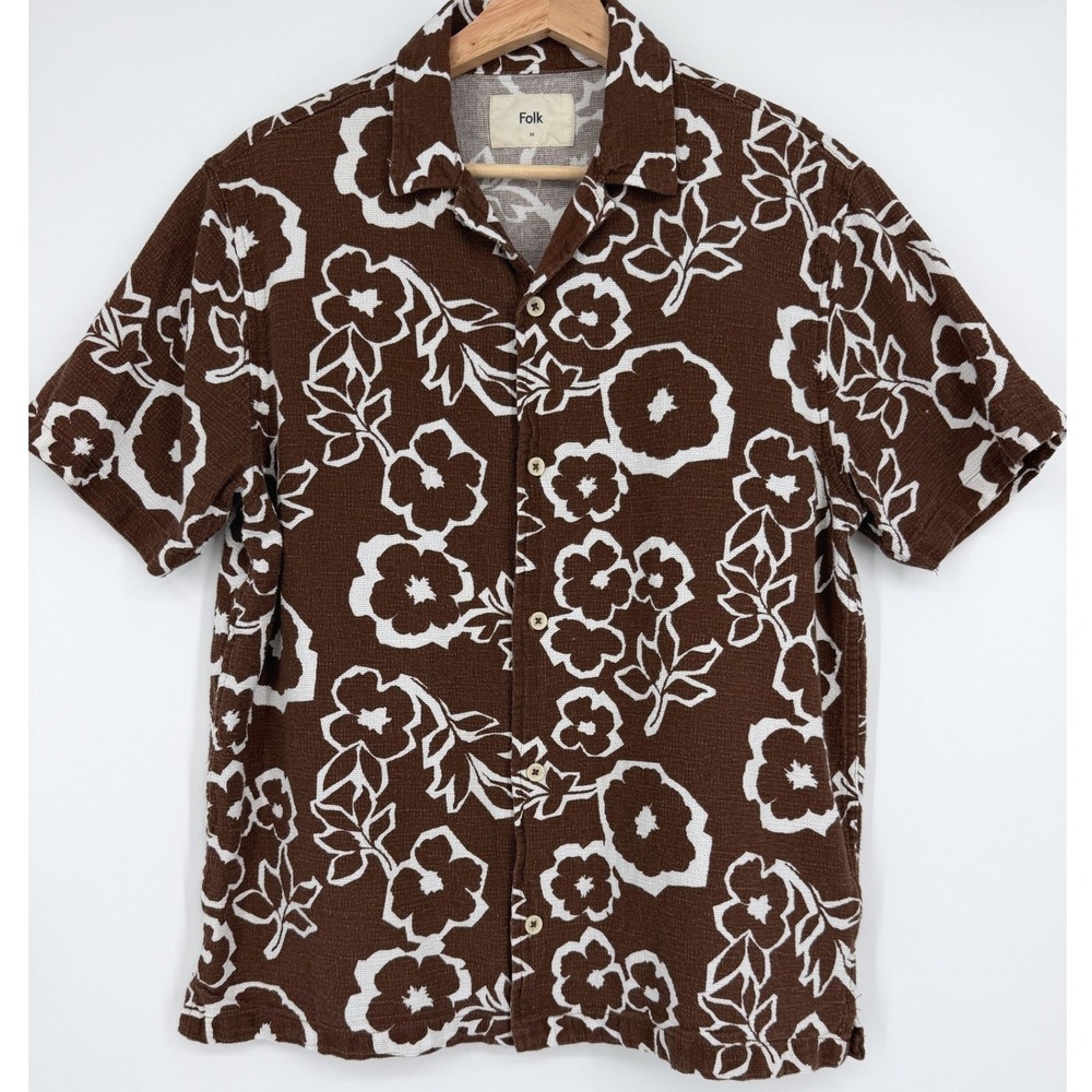 Folk Men's Brown Floral Hawaiian Button Up Short Sleeve Shirt Sz M Cotton